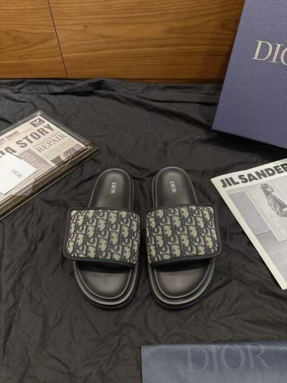 Dior Dark Oblique Jacquard Single Strap Slide Sandals